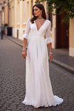 Ivory A Line Half Sleeve Ruffled Wedding Dress