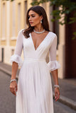 Ivory A Line Half Sleeve Ruffled Wedding Dress