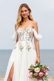 Floral Ivory A Line Off The Shoulder Wedding Dress