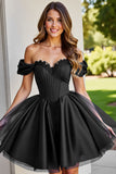 Black A Line Ruched Short Homecoming Dress with Appliques