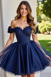 Black A Line Ruched Short Homecoming Dress with Appliques