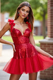 Sparkly Dark Red Corset Short Sequin Homecoming Dress with Bows