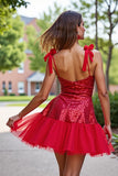 Sparkly Dark Red Corset Short Sequin Homecoming Dress with Bows