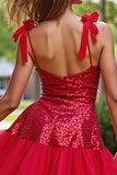 Sparkly Dark Red Corset Short Sequin Homecoming Dress with Bows