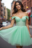 Tulle Mint Green Short Corset Homecoming Dress with Appliques