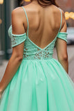 A Line Tulle Mint Green Cold Shoulder Short Homecoming Dress