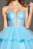 Tiered Sky Blue Corset Tulle Short Homecoming Dress with Appliques