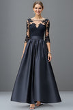 Navy A Line Satin Mother Of The Bride Dress With Appliques