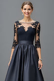 Navy A Line Satin Mother Of The Bride Dress With Appliques