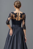 Navy A Line Satin Mother Of The Bride Dress With Appliques