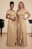 Champagne Off The Shoulder Ruched A Line Choir Dress with Slit