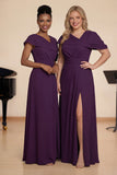 Grape A Line V-Neck Long Choir Dress with Slit