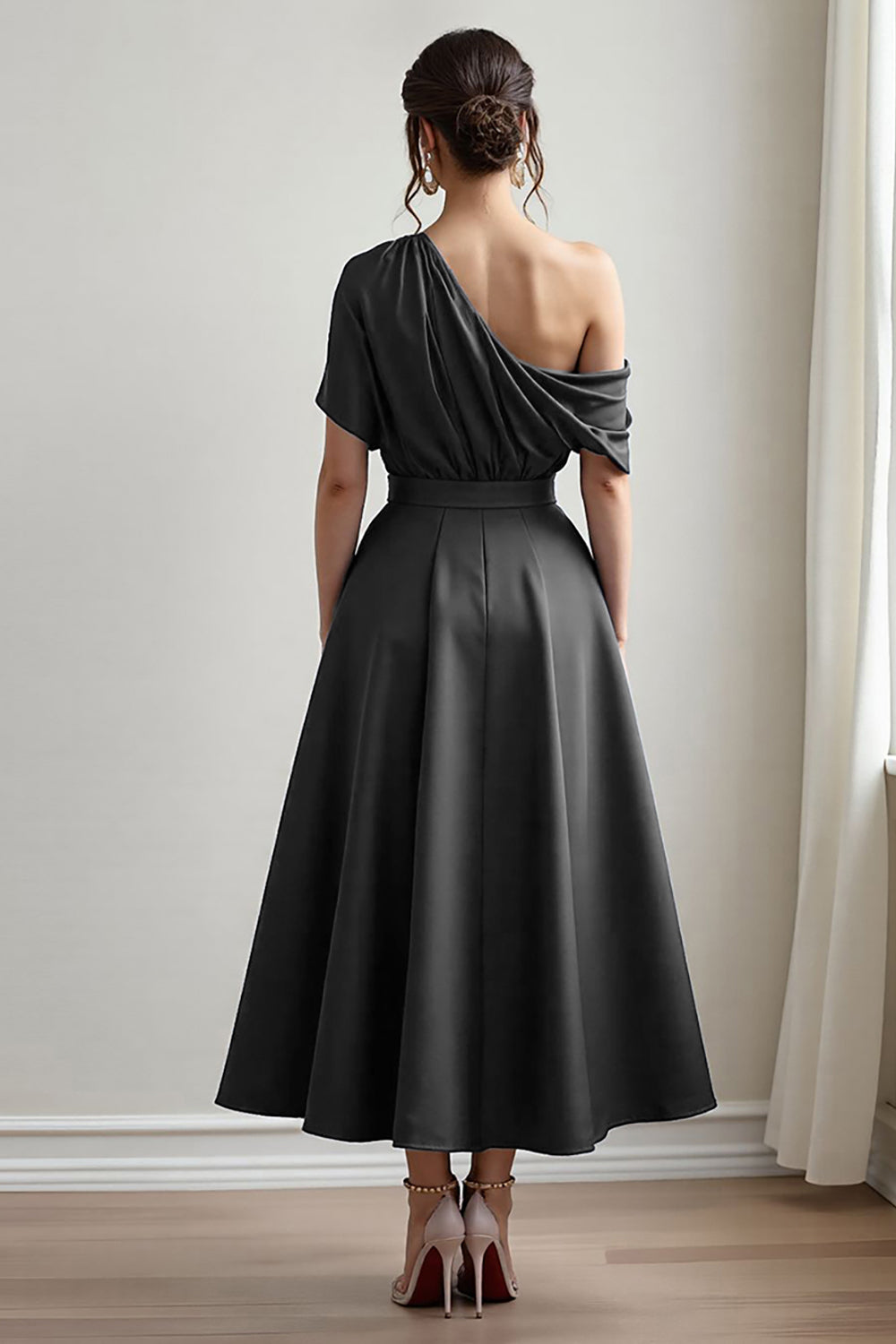 Zapaka Women Black Mother Of The Bride Dress With Pockets Satin Ruched A Line Formal Dress, Black / US20W