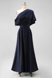 Black Satin A Line Mother Of The Bride Dress With Pockets
