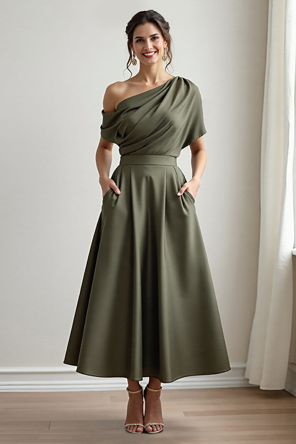 Zapaka Women Black Mother Of The Bride Dress With Pockets Satin Ruched A Line Formal Dress, Olive / US20W Zapaka Women Black Mother Of The Bride Dress With Pockets Satin Ruched A Line Formal Dress, Olive / US20W
