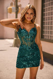 Sparkly Sequins Dark Green Bodycon Backless Corset Homecoming Dress