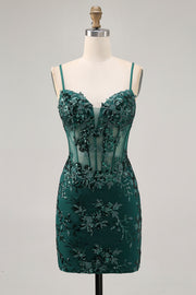 Dark Green Bodycon Backless Sheer Corset Homecoming Dress with Sequins