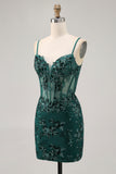 Black Bodycon Backless Sheer Corset Short Homecoming Dress with Sequins