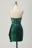 Sparkly Dark Green Strapless Corset Sequins Bodycon Homecoming Dress with Streamer