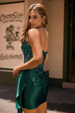 Sparkly Dark Green Strapless Corset Sequins Bodycon Homecoming Dress with Streamer