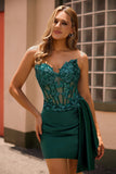 Sparkly Strapless Dark Green Side-Drape Corset Sequins Bodycon Homecoming Dress