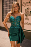 Sparkly Dark Green Strapless Corset Sequins Bodycon Homecoming Dress with Streamer