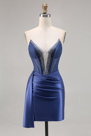 Navy Satin Beaded Corset Homecoming Dress with Sash