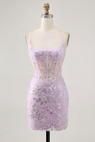 Sparkly Sequins Lilac Sheer Corset Backless Tight Short Homecoming Dress