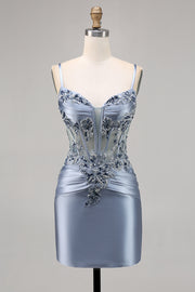 Grey Blue Beaded Corset Homecoming Dress with Appliques