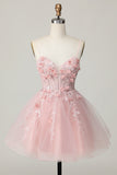 Pink A Line Beaded Corset Short Homecoming Dress with Appliques