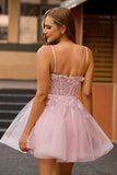 Pink A Line Beaded Corset Short Homecoming Dress with Appliques