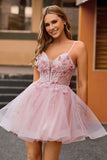 Pink A Line Beaded Corset Short Homecoming Dress with Appliques