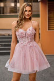 Pink A Line Beaded Corset Short Homecoming Dress with Appliques