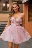 Pink A Line Beaded Corset Short Homecoming Dress with Appliques