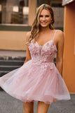 Pink Sheer Corset A Line Strapless Floral Short Homecoming Dress with Beading