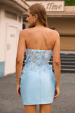 Sky Blue Satin Bodycon Strapless Sequins Short Homecoming Dress with Appliques