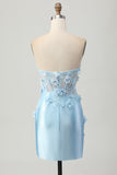 Sky Blue Satin Strapless Bodycon Short Homecoming Dres with Sequins