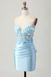 Sky Blue Satin Bodycon Strapless Sequins Short Homecoming Dress with Appliques