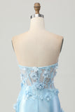 Sky Blue Satin Bodycon Strapless Sequins Short Homecoming Dress with Appliques