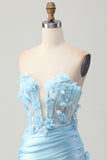 Sky Blue Satin Bodycon Strapless Sequins Short Homecoming Dress with Appliques