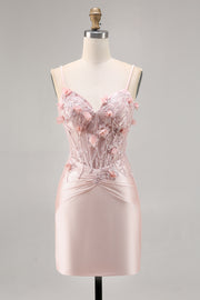Pink Satin Corset Bodycon Homecoming Dress with Appliques