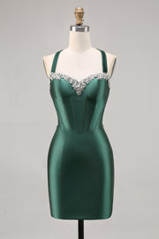 Dark Green Corset Backless Satin Bodycon Homecoming Dress