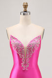 Fuchsia Strapless Beaded Bodycon Homecoming Dress with Slit