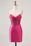 Sparkly Fuchsia Tight Beaded Corset Short Homecoming Dress