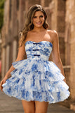 A Line Strapless Tiered Corset White Blue Flower Homecoming Dress with Lace Up Back