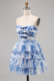 A Line Strapless Tiered Corset White Blue Flower Homecoming Dress with Lace Up Back