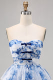 A Line Strapless Tiered Corset White Blue Flower Homecoming Dress with Lace Up Back