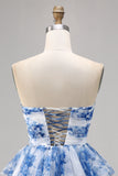 A Line Strapless Tiered Corset White Blue Flower Homecoming Dress with Lace Up Back