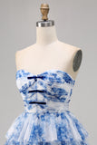 A Line Strapless Tiered Corset White Blue Flower Homecoming Dress with Lace Up Back