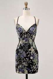 Sparkly Bodycon Spaghetti Straps Sequins Floral Short Homecoming Dress with Lace Up Back